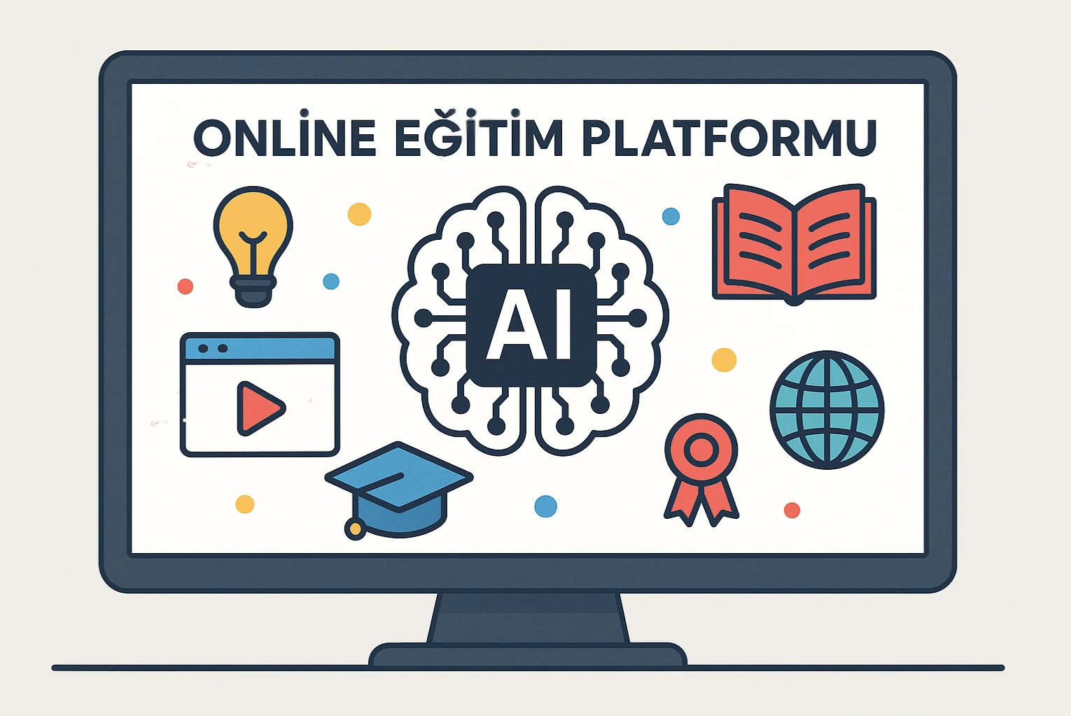 Online eğitim hazırlama için yapay zeka destekli eğitim platformu ve simgeler