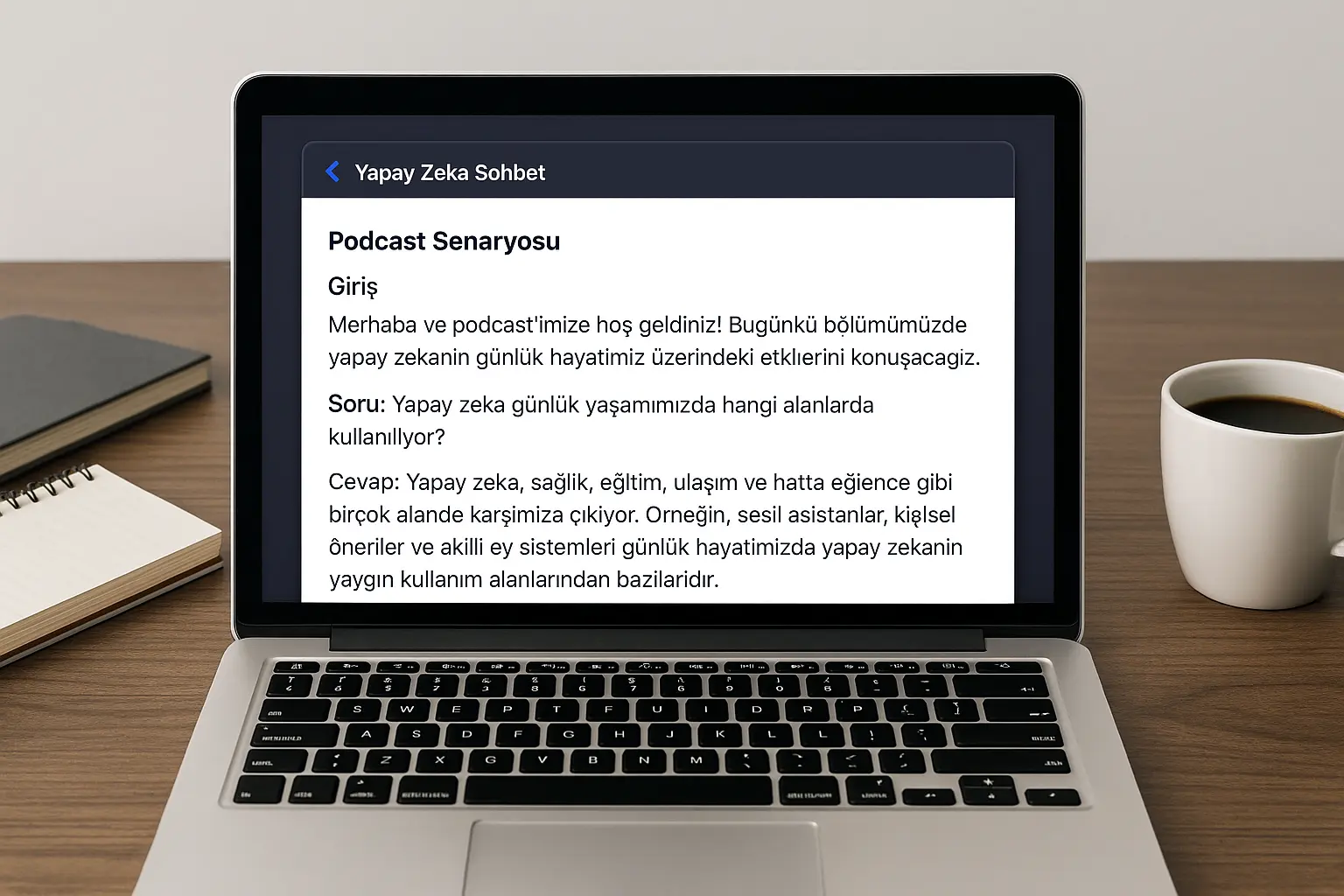 Podcast başlamak için yapay zeka ile senaryo ve içerik hazırlama ekranı