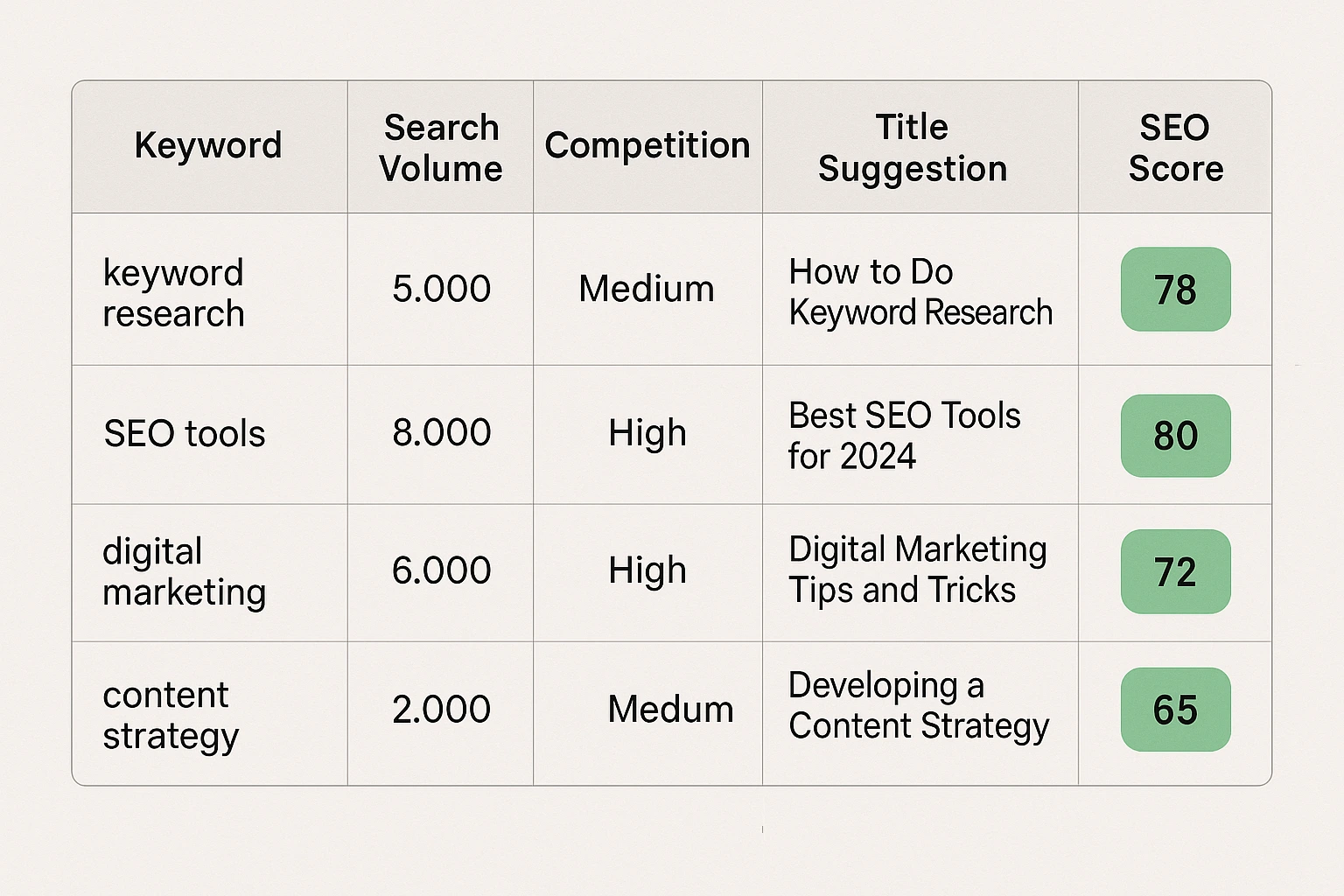 SEO skorları, arama hacmi ve rekabet seviyeleri tablosu