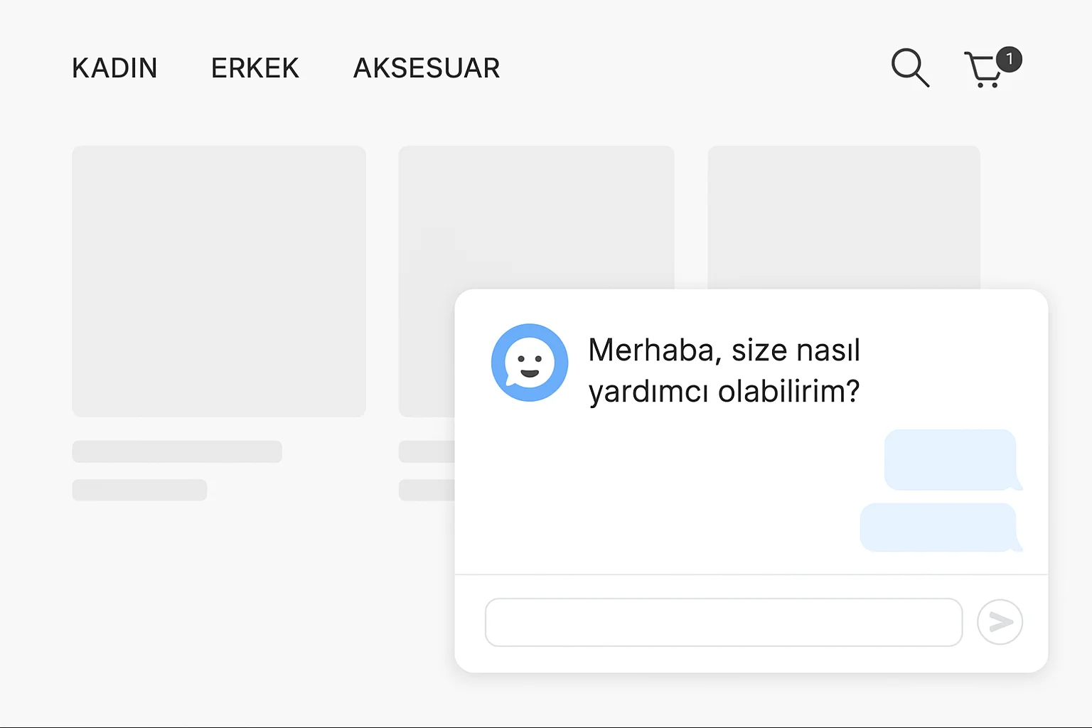 AI tabanlı canlı destek sohbet ekranı, e-ticaret sitesinde müşteri hizmetleri.