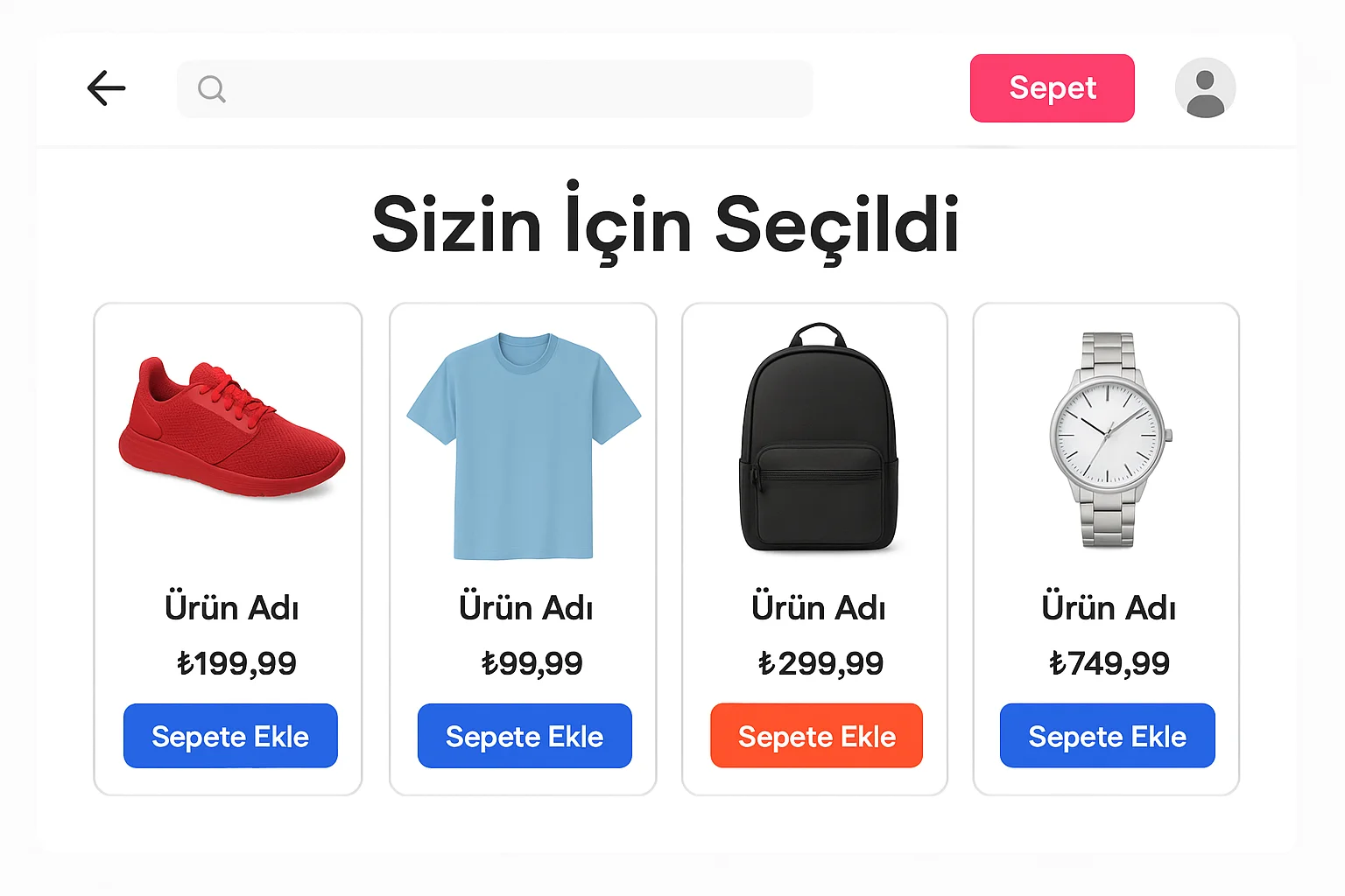 AI algoritmaları ile kişiselleştirilmiş ürün vitrinleri ve özel ürün önerileri ekranı.