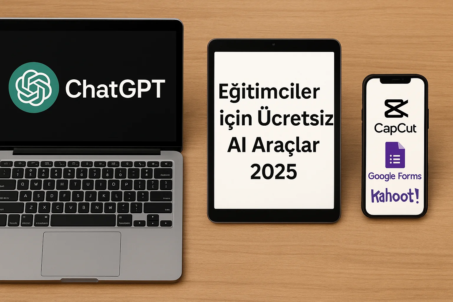 ChatGPT, Canva, CapCut, Google Forms ve Kahoot! gibi ücretsiz AI araçlarının yer aldığı eğitim odaklı dijital ekranlar